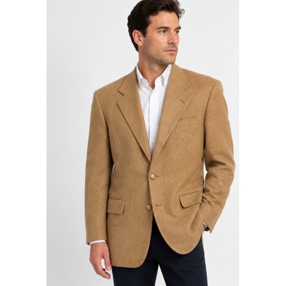 Polo Ralph Lauren Mens Vintage Wool Herringbone Blazer Camel Tan Made in USA 43L